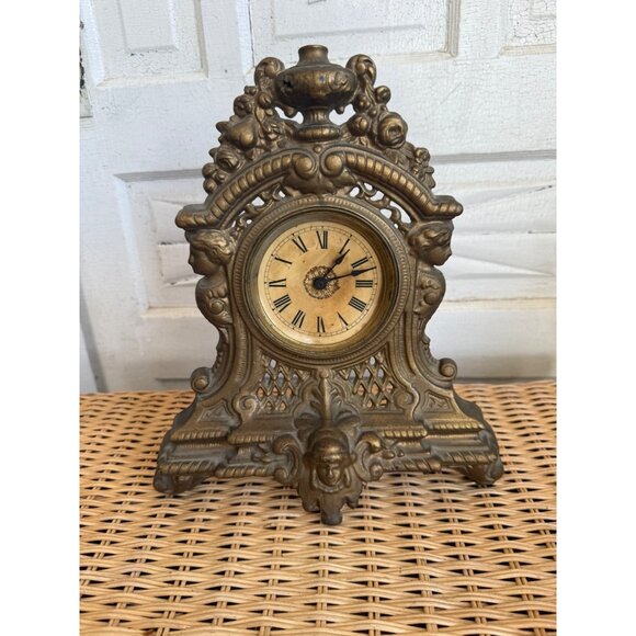 Antique 1880s Cast Iron Gold GIlt Clock Mermaids Womans Face Ornate Running - Picture 10 of 16